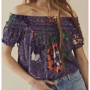 FP One Off Shoulder Smocked Floral Blouse Top Purple Orange Green XS